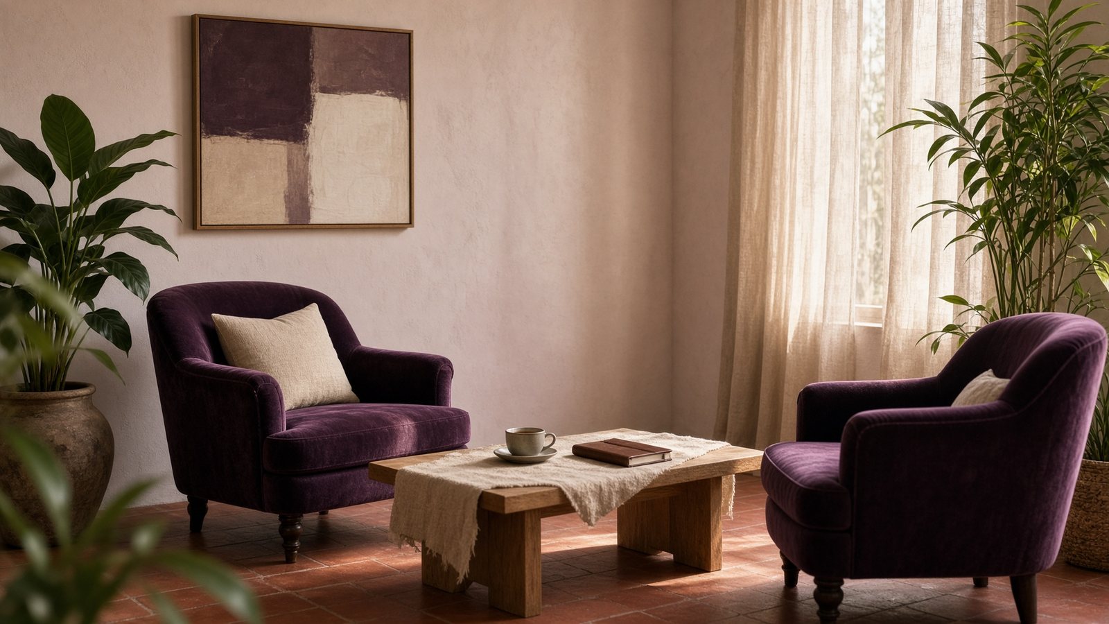 Consultorio de psicoterapia: dos sillones frente a frente, luz de tarde